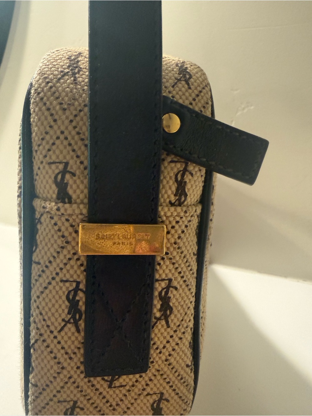 Yves Saint Laurent Beige Monogram All Over Canvas Camera Bag Crossbody Dark Navy - Picture 12 of 13